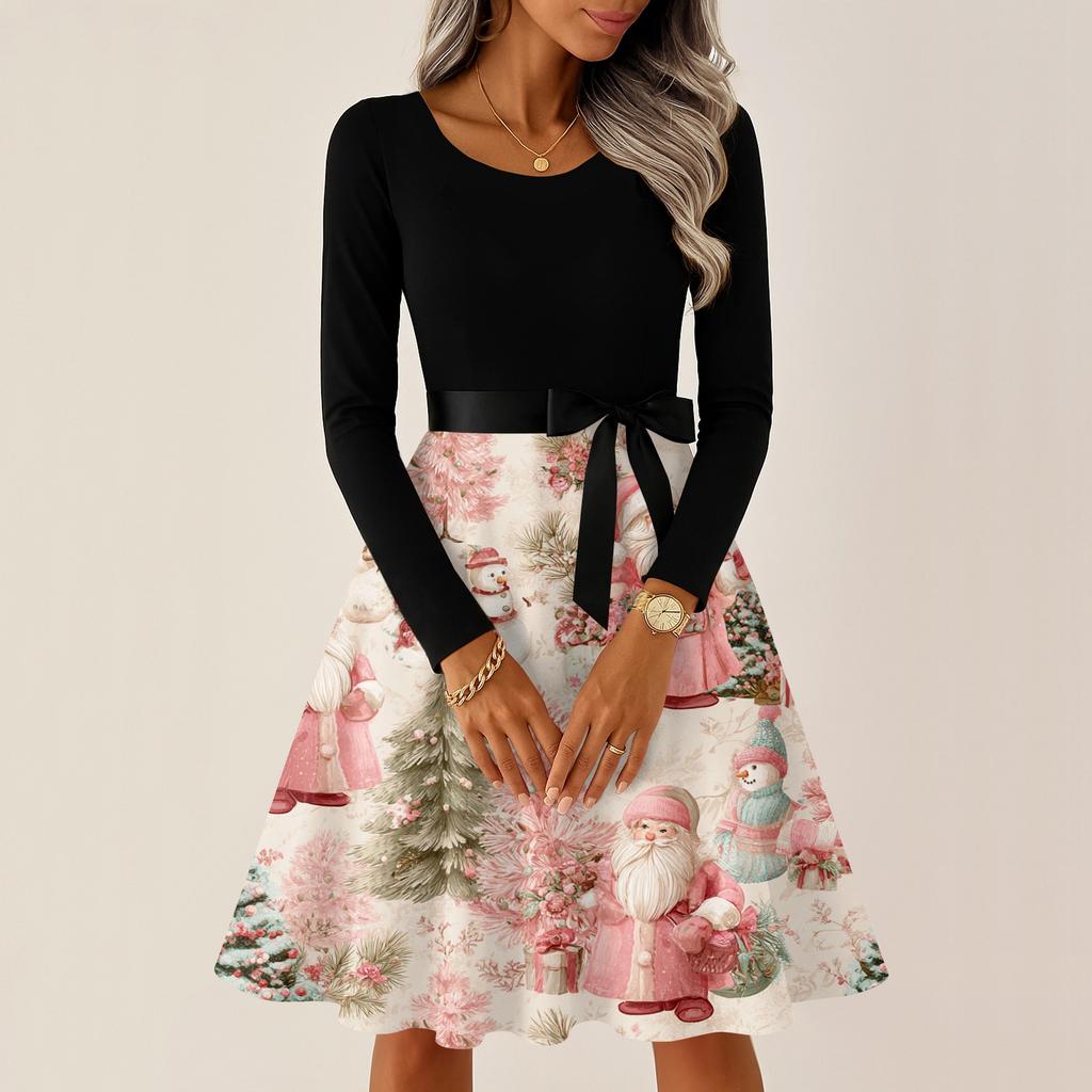 Women's Casual Fashion Round Neck Long Sleeve Christmas Printed Party Vintage Long Dresses