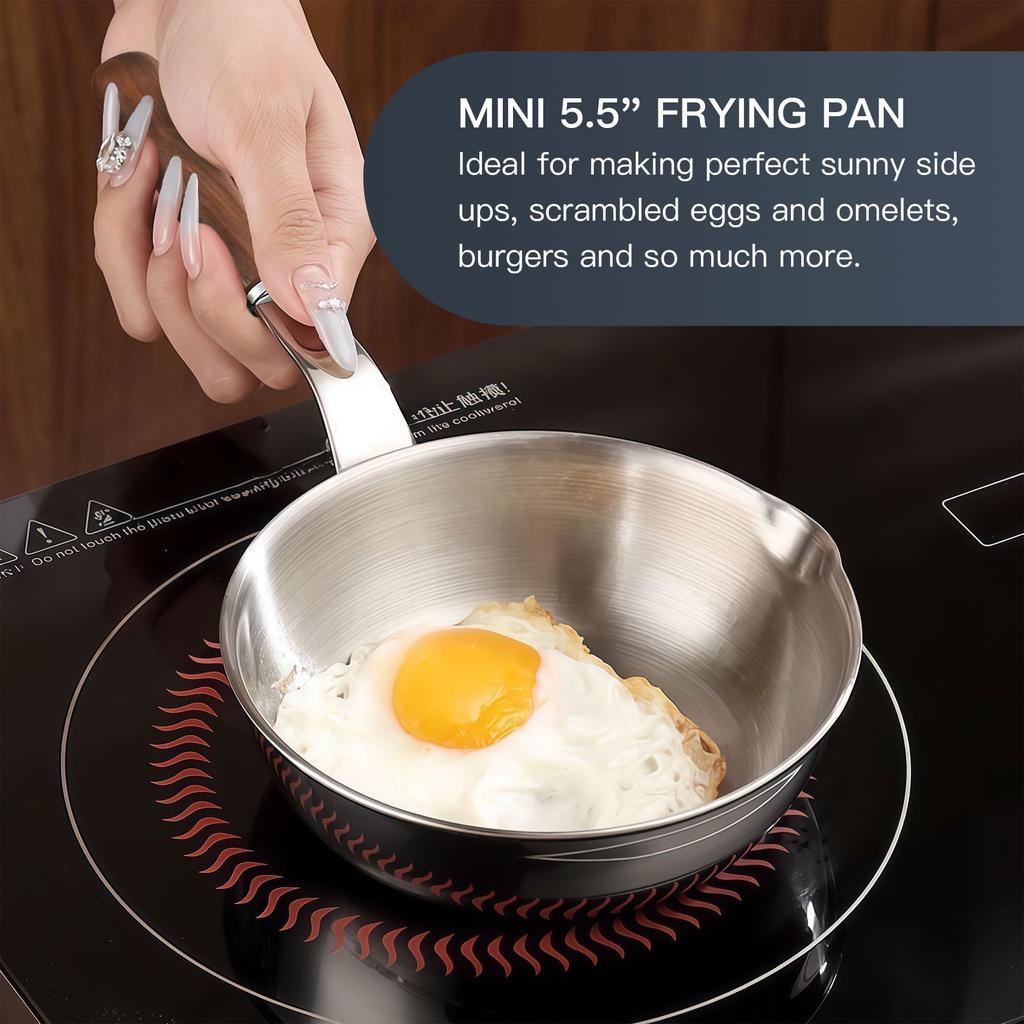 IMEEA Mini Frying Pan 15cm SUS304 Stainless Steel IH Compatible with Spout and Wooden Handle Perfect for Single Serving or Lunch Boxes (Walnut) -