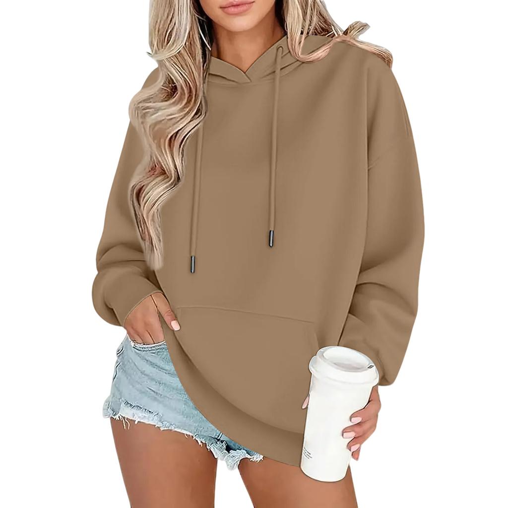 Women's Fashion Oversized Drop-Shoulder Long-Sleeved Sweatshirt Solid-Colour Hooded Sweatshirt
