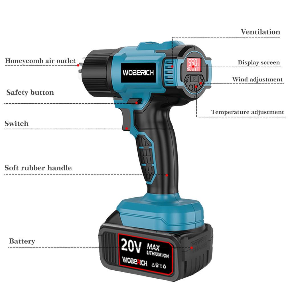 50-550℃ Temperature Adjustment Cordless Portable Heat Gun LED Temperature Display Hot Air Gun Household Power Tool Blue
