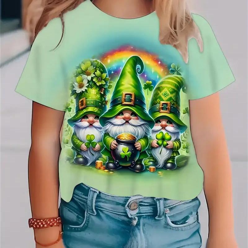 Kids T-shirt 3d Print New Minimalist 3D Printed Small Fresh Clover Pattern Girls' Round Neck Short Sleeved T-shirt