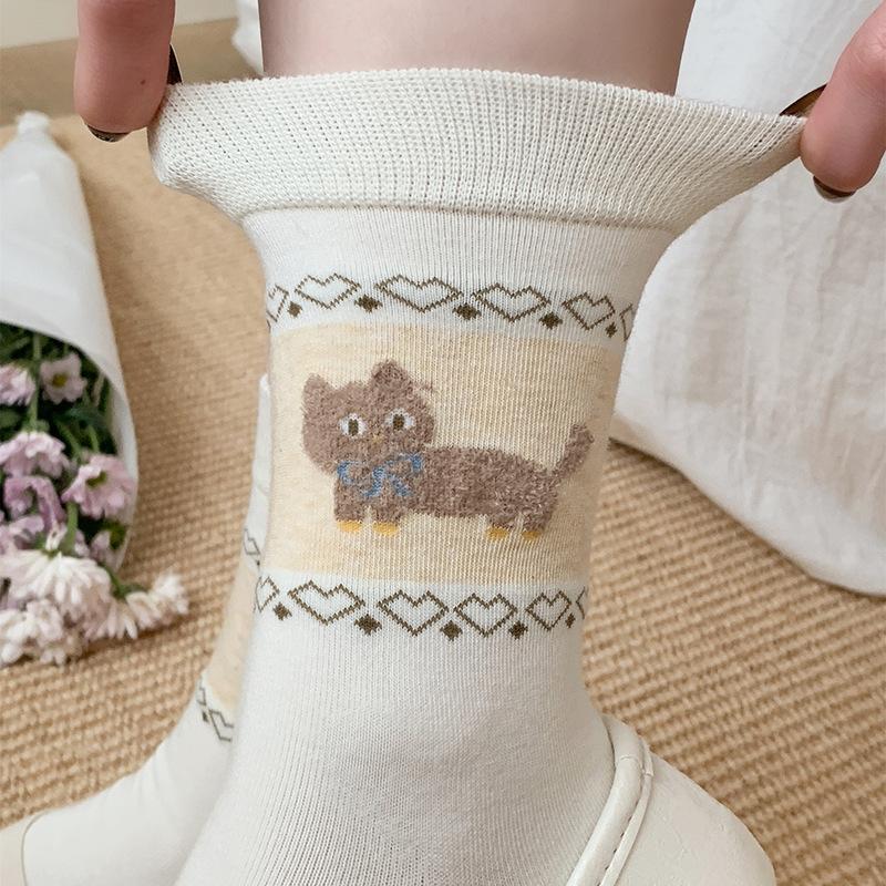 1/4Pairs Cartoon Cat Dog Pattern Comfortable Socks Breathable Anti Slip Sweat Absorbing Mid-Tube Socks Outdoor Warm Socks