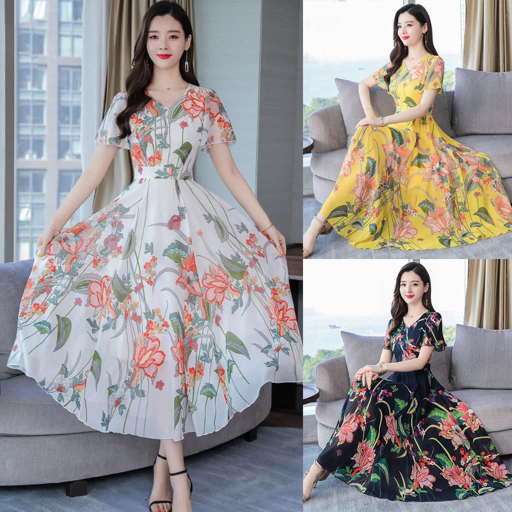 

Модное повседневное женское платье трапециевидной формы с коротким рукавом и v-образным вырезом с длинным цветочным принтом