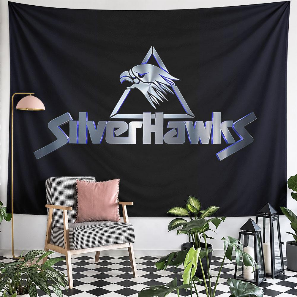 Metallic eagle head within a triangle, with "SilverHawks" text below. Patterned tapestry for bedroom and living room home decor