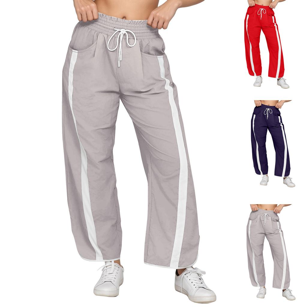 Women's Baggy Wide Leg Pants Casual Drawstring Elastic Waisted Contrast Color Workout  Track Pants