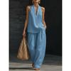 Cotton Linen Blend Sleeveless Pantsuit With Patching For Casual Women Spring Summer