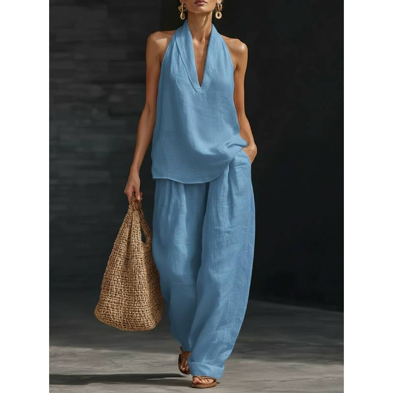 Cotton Linen Blend Sleeveless Pantsuit With Patching For Casual Women Spring Summer