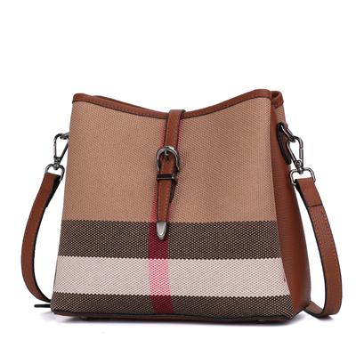 Classic Genuine Leather Women's Shoulder Bag, Large Capacity Checkered Crossbody Bag, Canvas Patchwork Cowhide Design