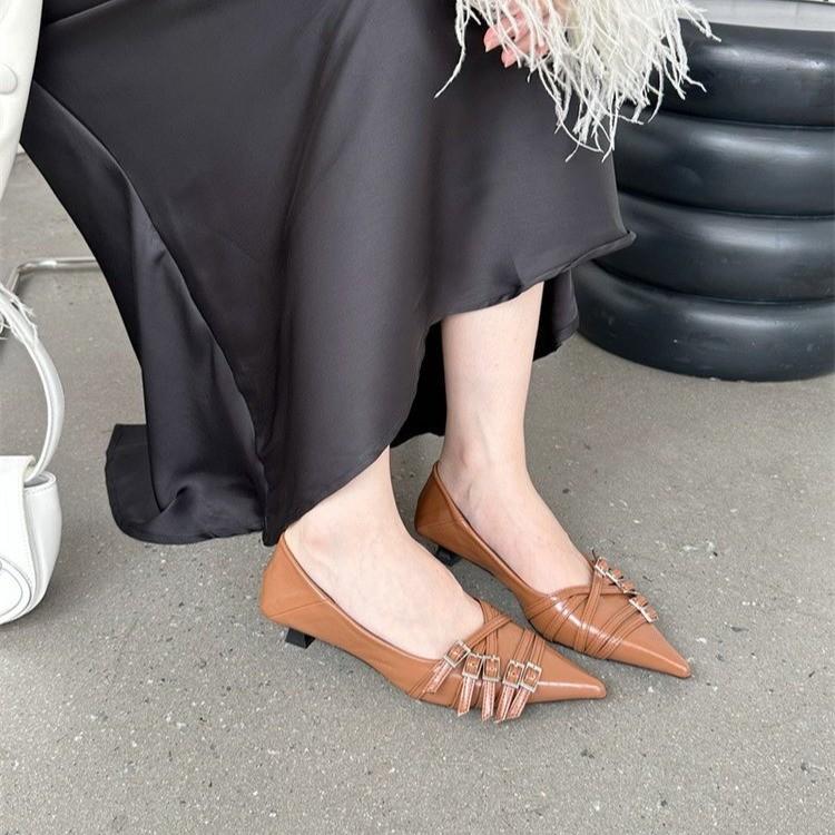 Fashion Women Shoes  Fashion Pointed Toe Low Heel Pumps Brand Belt Buckle Shallow Slip on Ballet Elegant Pumps for Party Dress