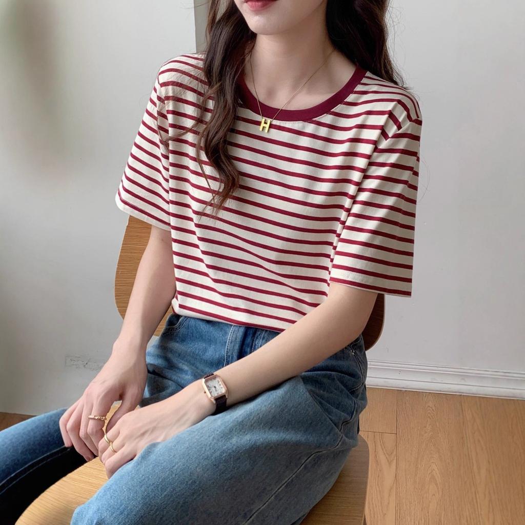 Casual striped t-shirt women's short-sleeved summer new student half-sleeved top loose versatile crew neck t-shirt ins