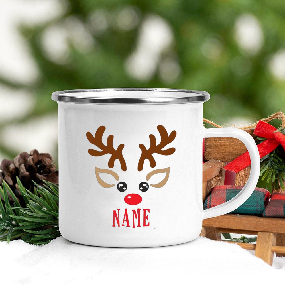 Personalized Mug Custom Deer with Name Cup Christmas Party Drink Hot Cocoa Juice Cups Handle Enamel Mugs Xmas Best Gift for Kids