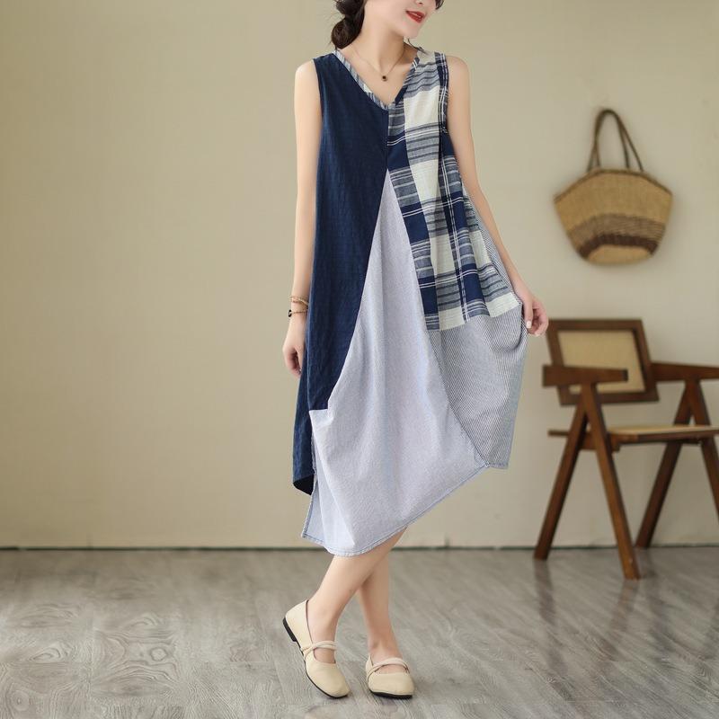 Women's Art Style Splicing Halter Vest Dress In The Long Irregular Swing Dress