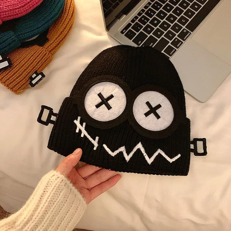 Cute Cartoon Candy Color Kpop Beanie Women'S Big Eyes Smile Skull Cap Winter Warm Knitted Streetwear Fashion Student Hat