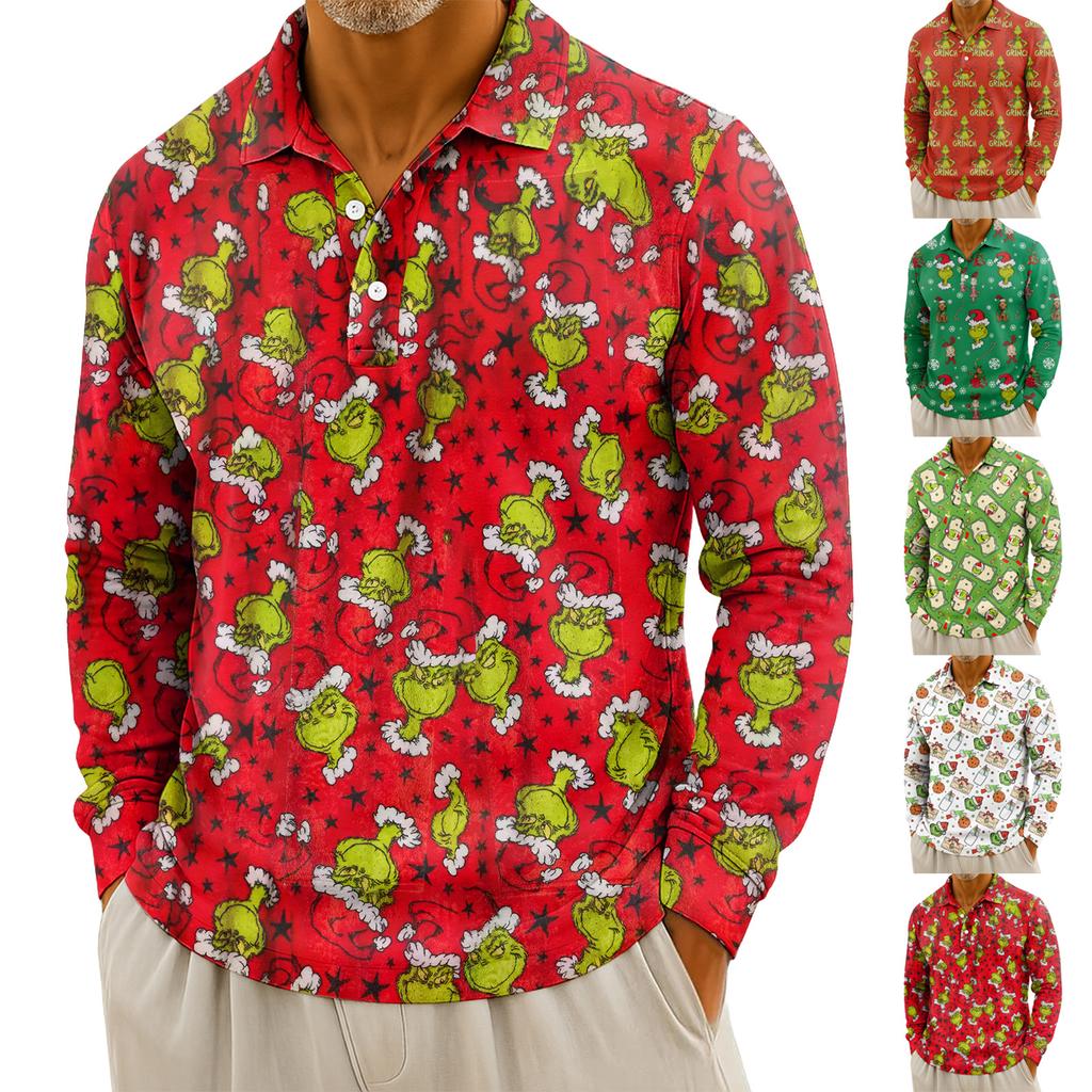 Men's Casual Christmas Print Button Long Sleeve Shirt