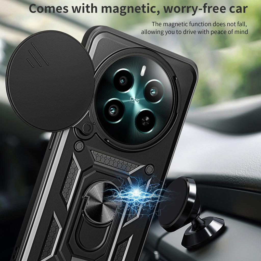 For Realme 12 4G/12+ 5G Case PC+TPU Kickstand Phone Cover with Slide Lens Protector