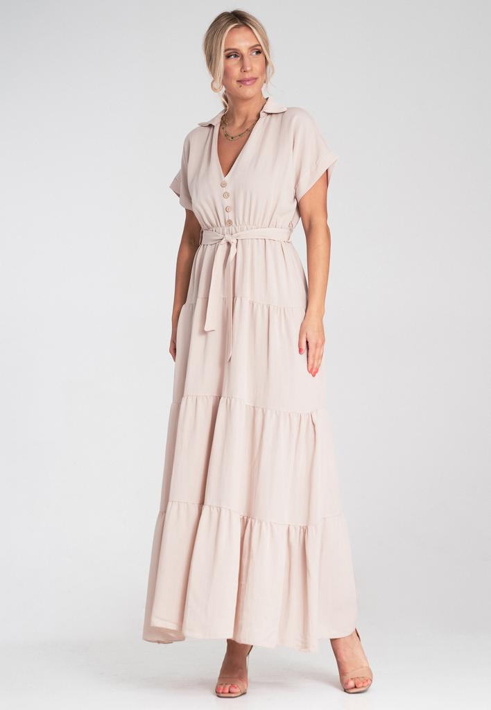 Letnia Sukienka Maxi - Sukienka Z Kołnierzykiem I Falbankami - Beżowa M1195 R. S/M