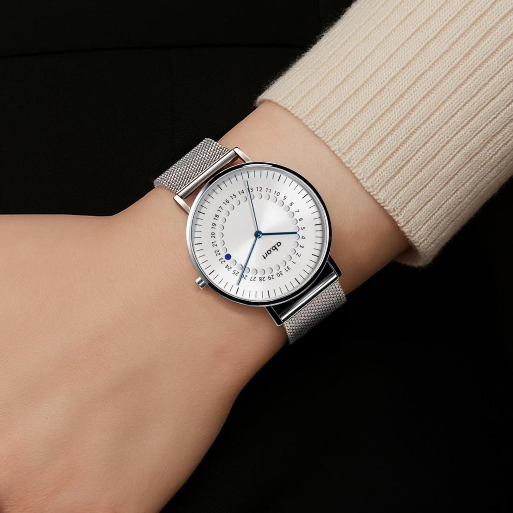 Quartz Watch with Swiss Sapphire 36mm White Silver Mesh Slim Minimalist Business Gift A.b.art Women's Parts, Crystal, Dial, Strap, Design, Waterproof,