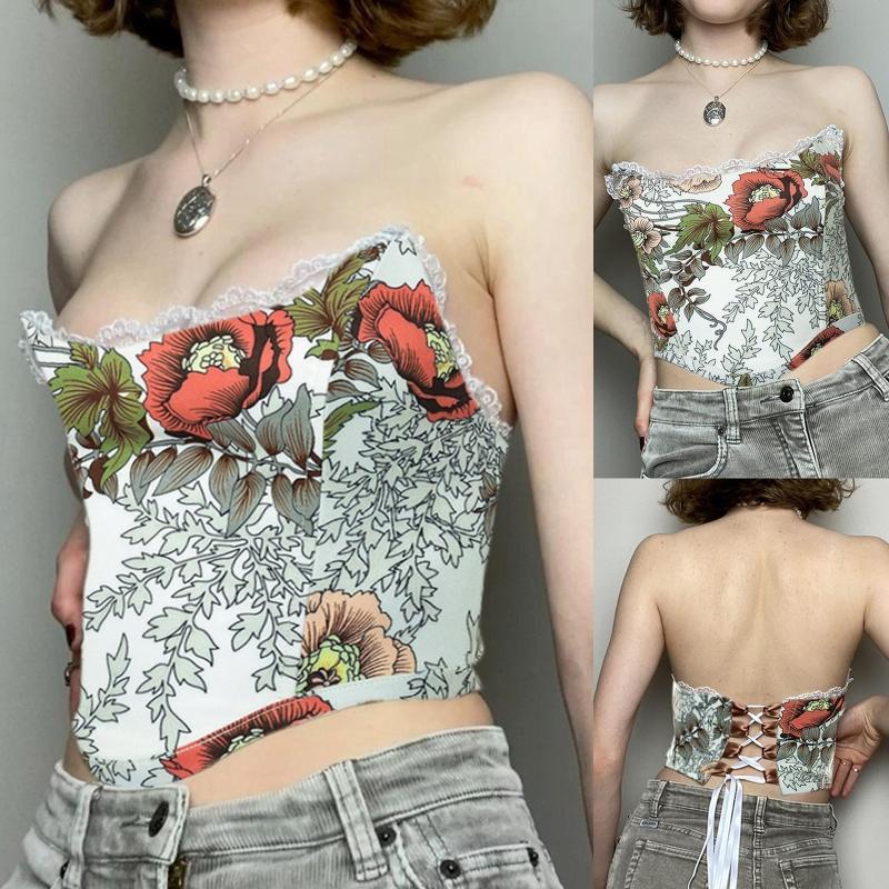 Sweet Floral Printing Backless Female Waist Corset Sleeveless Top Women Slimming Waistband Elasticity Corsets T-shirt