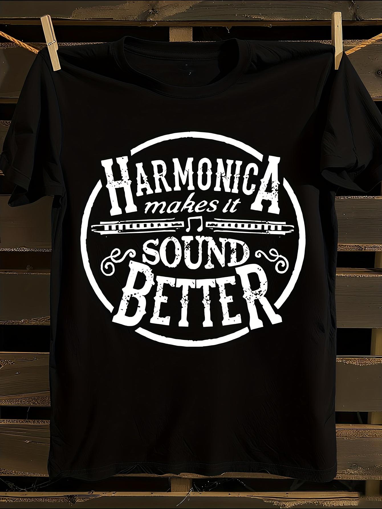 Vintage-Inspired Music-Themed Harmonica Graphic T-shirt XL