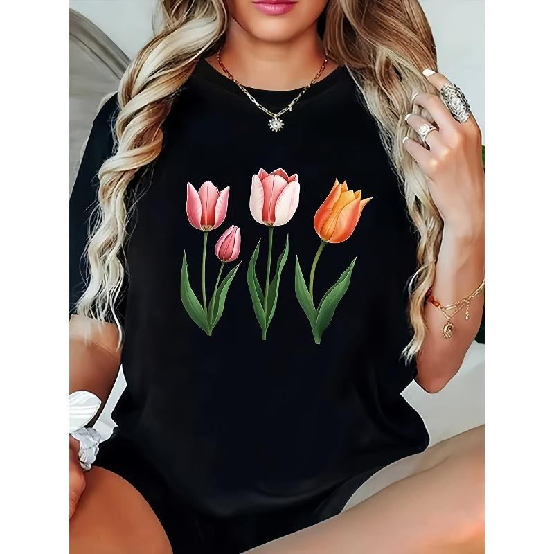 Plus Size - Plus Size - Plus Size T-Shirt with a Colorful Tulip Floral Print, Black Short-Sleeve Round Neck Tee 2XL чёрный