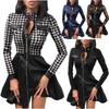 Modisches Patchwork-Kleid aus PU-Leder für Damen mit Taillierung für Herbst Winter Stilvolles Langes Ärmel Casual Partykleid