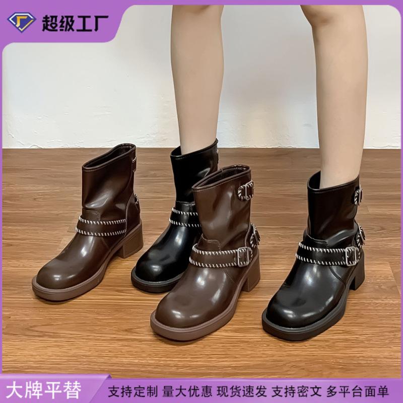Grape mother retro polished knight boots short belt buckle old thick heel British style short boots comfortable platform women's boots