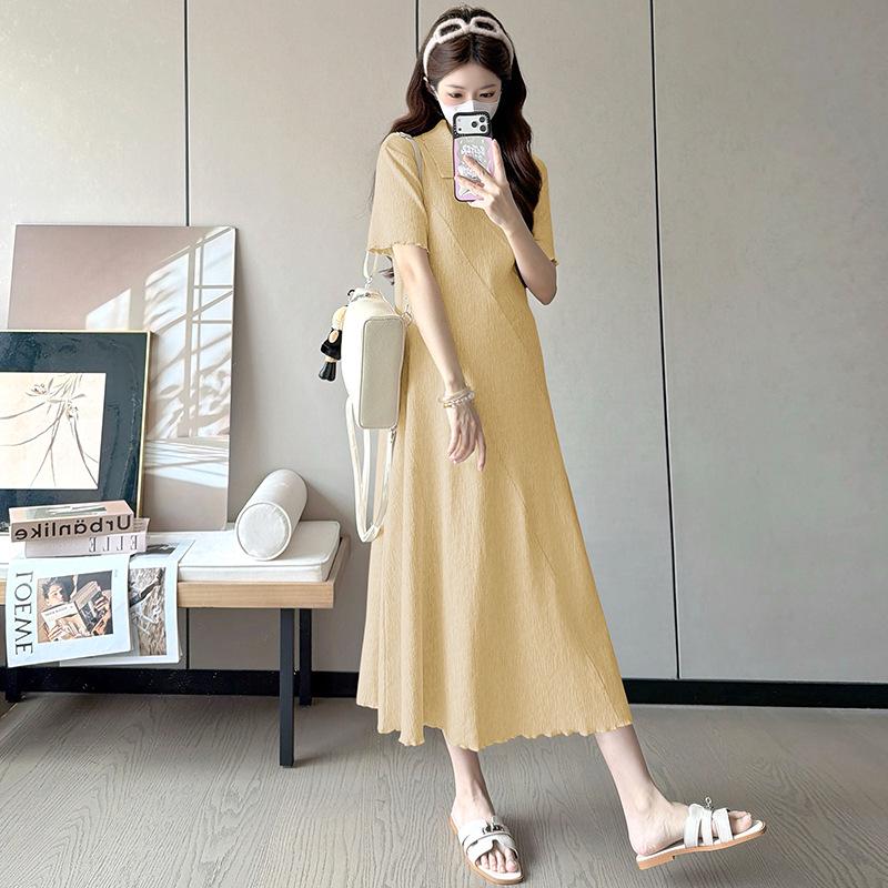 Elegant Plus Size Knit Maternity Dress - Solid Color, Short Sleeve, Summer 2026 M