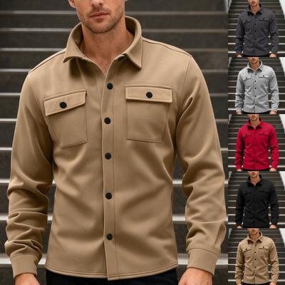 Herren Lässige Lockere Einfarbige Hemdjacke, Revers Langärmlig Knopf Lässig Arbeitskleidung Jacke
