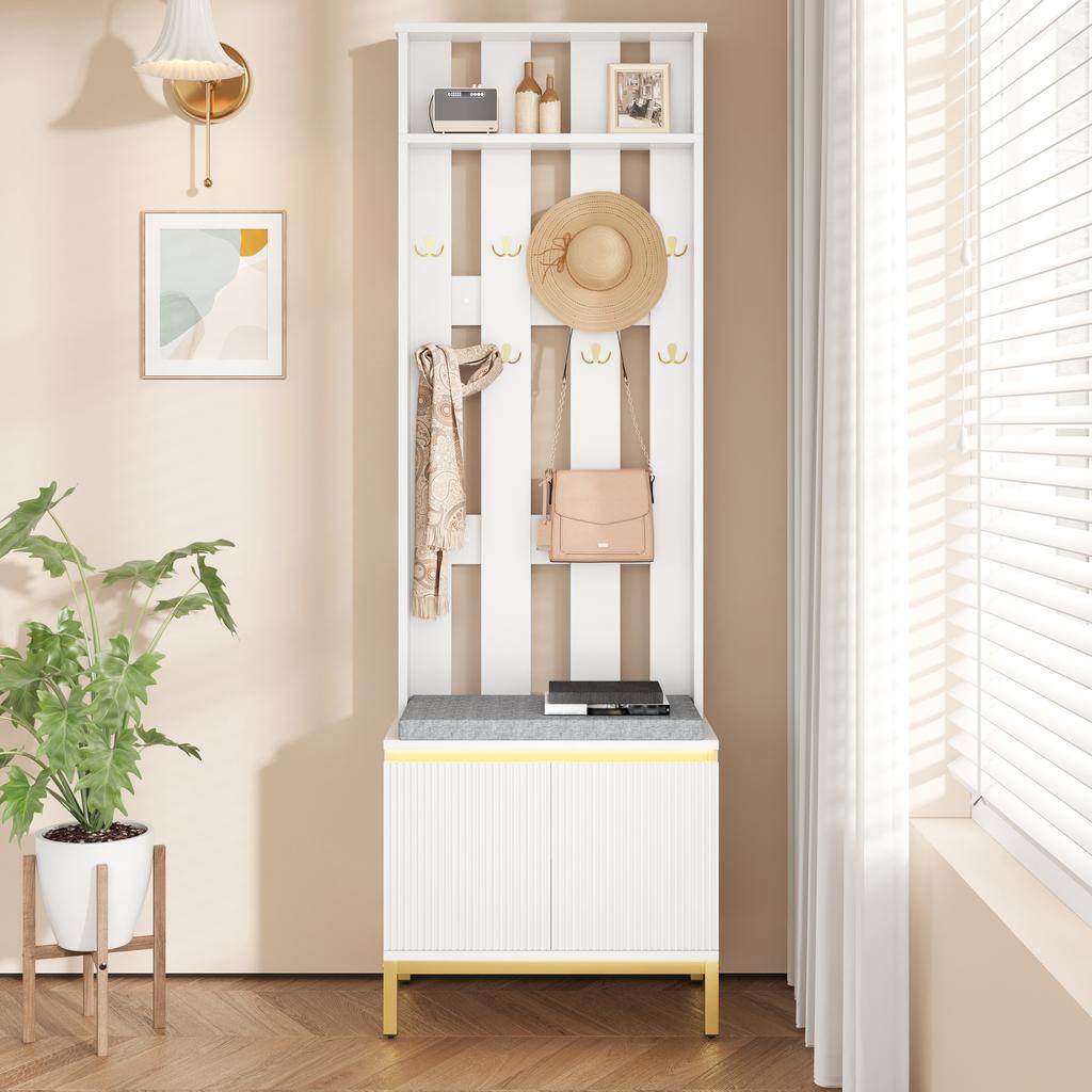 Coat Bench, White, Perforated Back Panel, 8 Golden Double Hooks, Padded Seat Bench, Wave-Front Shoe Cabinet, Height-Adjustable Shelf, LED Light Strip