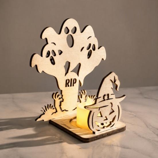 Festival Theme Lighting Halloween Candle Holder, Spooky Pumpkin Bat Shadow Tealight Party Scene Props Vintage Wooden Candlestick Ornament for
