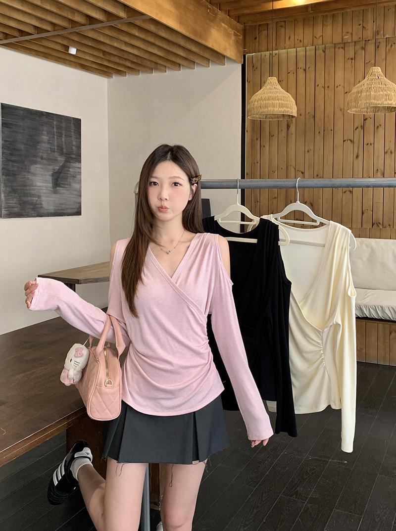 Spring 2026 Plus Size Women s V-Neck Off-Shoulder Waist-Cinching Long-Sleeve Top L чёрный