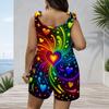 Women Plus Size Crew Neck Tank Romper Tropical Leaf Botanical Print Jumpsuit Shorts