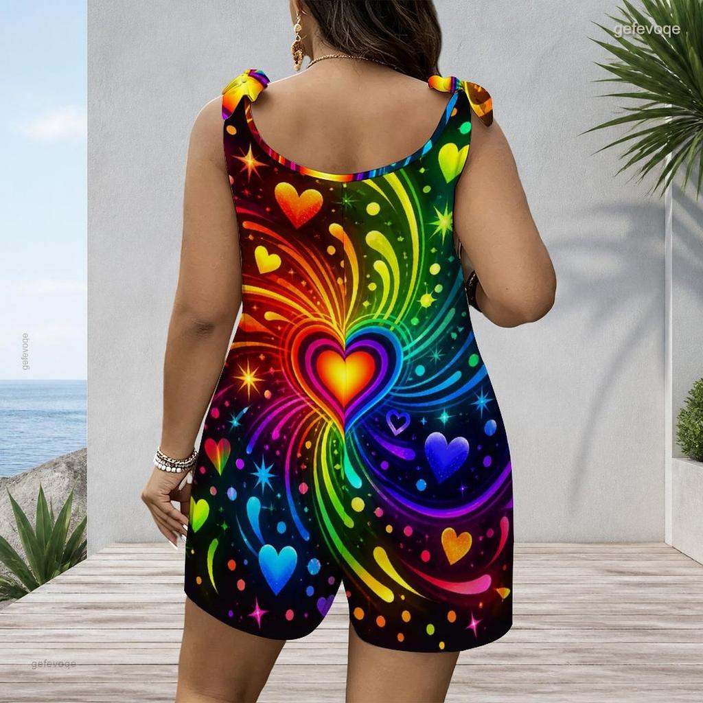 Women Plus Size Crew Neck Tank Romper Tropical Leaf Botanical Print Jumpsuit Shorts