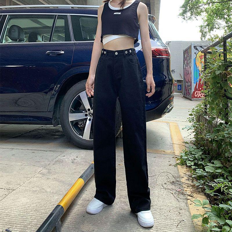 Женские джинсы с широкими штанинами - С несколькими пуговицами, Регулируемая высокая талия, Свободный крой, Прямые, Длины до пола Medium