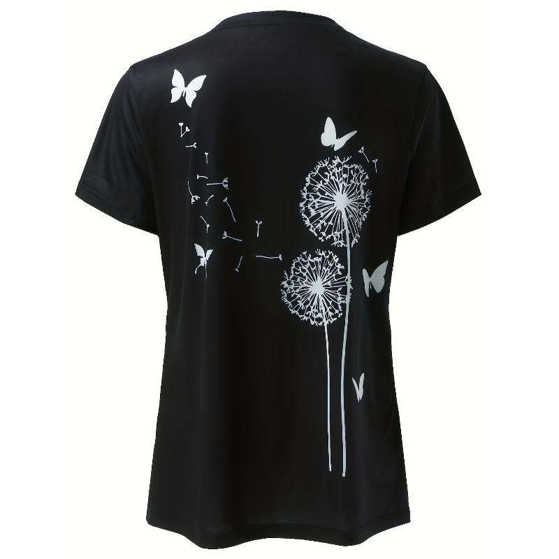 European sizes Dandelion & Butterfly Print T-Shirt, Casual Crew Neck Short Sleeve Top For Spring & Summer, Women's Clothing