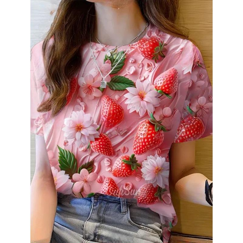 

Summer Hot Sale Creative Trendy Personalized Strawberry Series 3D Print Short Sleeve Casual round Neck T-Shirt Women s Fashion 3XL