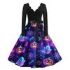 Women Casual V Neck Long Sleeve Dress Halloween Printed Skirt Vintage Style Midi Dress with Belt Fit and Flare Design