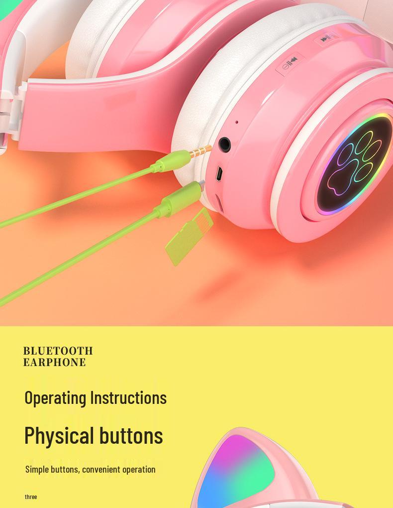 Cat Ear Luminous Bluetooth Headset B39: Foldable, Card Slot, Wireless Earbuds, Universal Compatibility