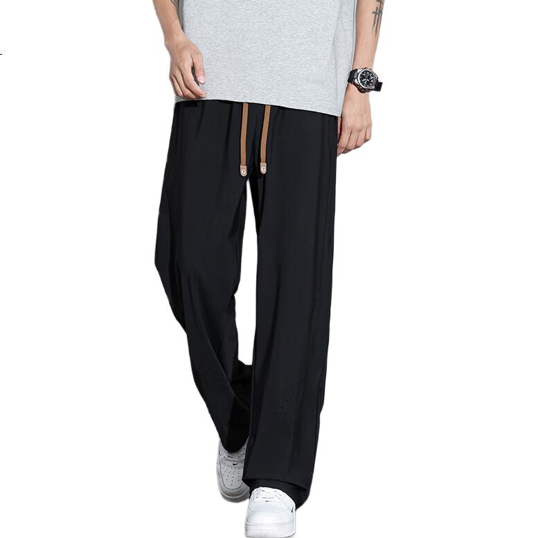 POUM Ice Silk Straight-Leg Pants for Men, Spring And Summer Loose-Fit Sports Breathable Cool Quick-Dry Draping Trousers 2529 Black M