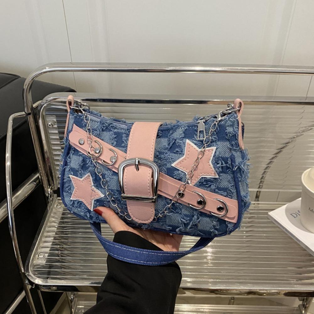 

Korean Style Tattered Jeans Underarm Bag Chain Strap Y2K Denim Tote Bag Streetwear Style E
