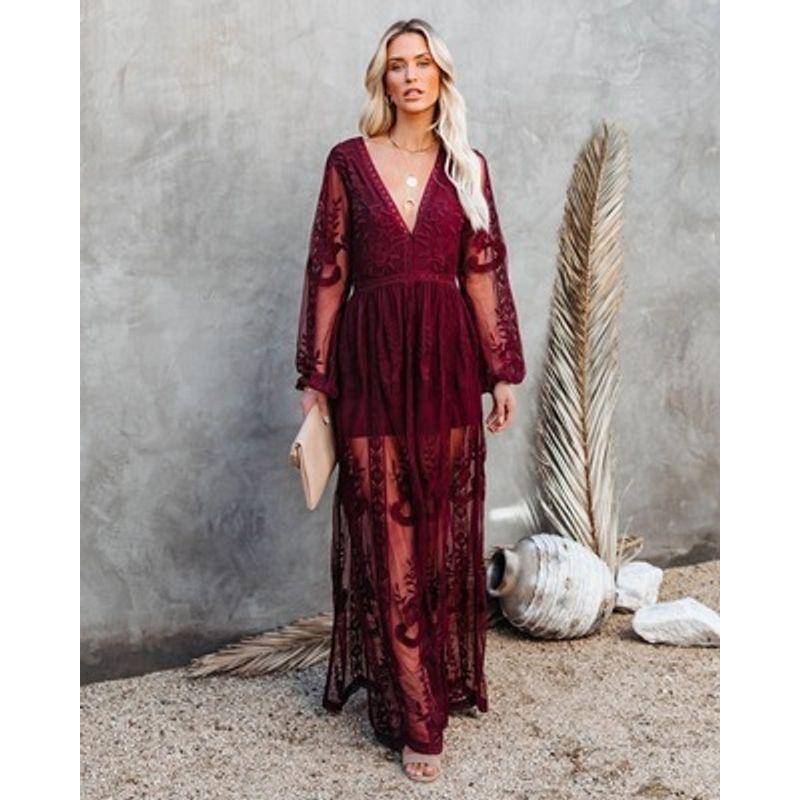

Hollow Out Beach Dress V-neck Embroidered White Maxi Dress Burgundy S