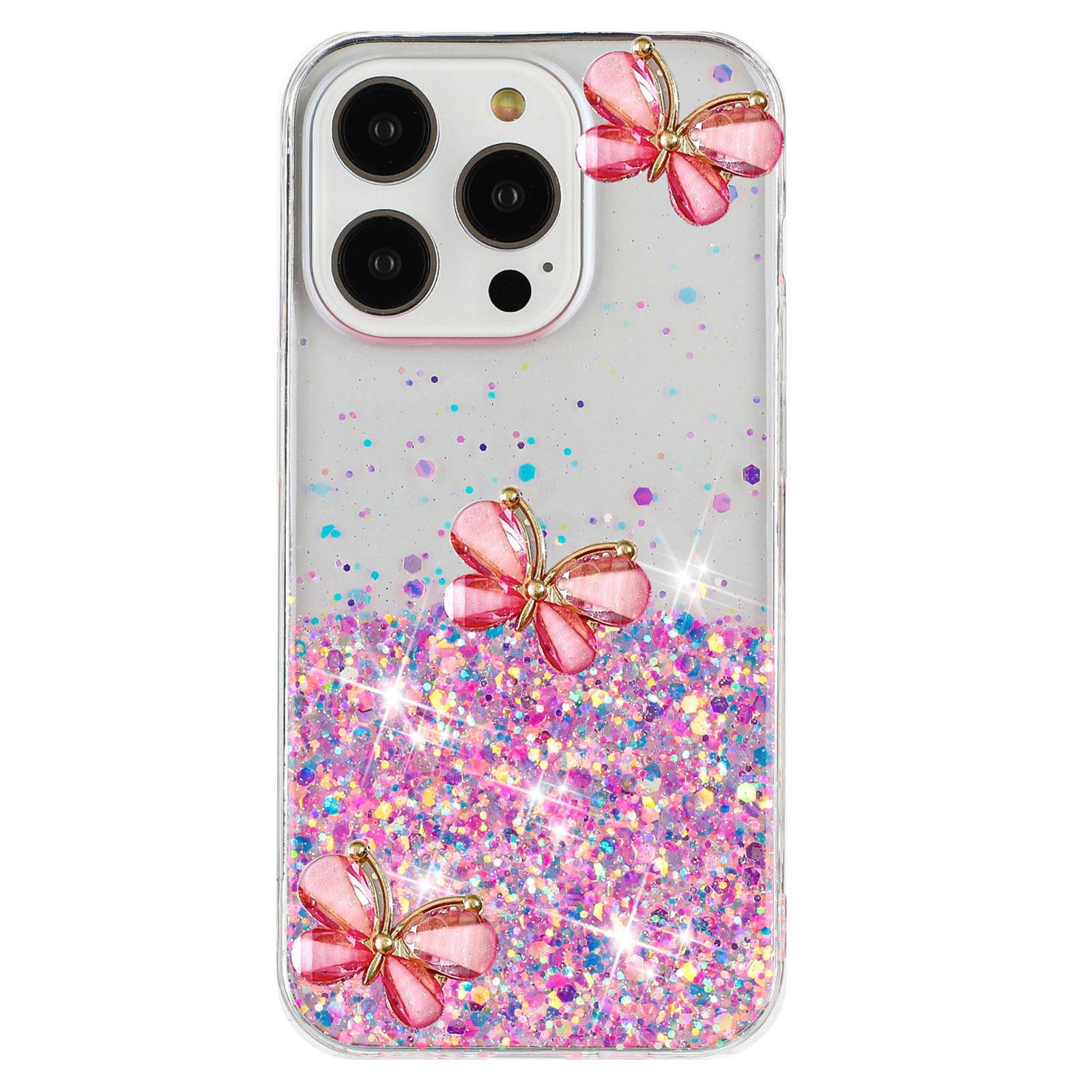 

For iPhone 16 Pro Case Aesthetic Butterfly TPU Luminous Starry Phone Cover Luminous Pink