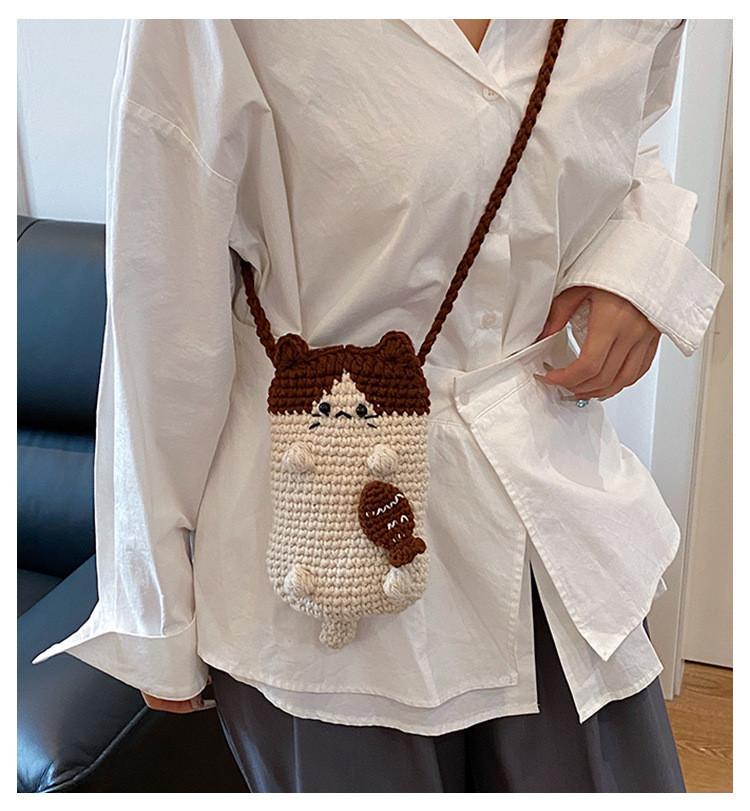 Cat Cartoon Handwoven Woolen Mobile Phone Bag With Shoulder Strap For Casual Daily Use