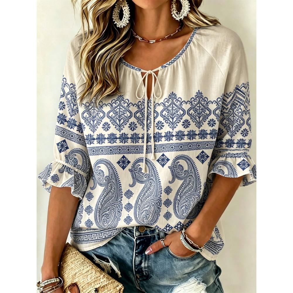 Women's Beige Paisley & Ethnic Print Tie Front Blouse, Casual Loose Top for Spring Summer Daily Wear