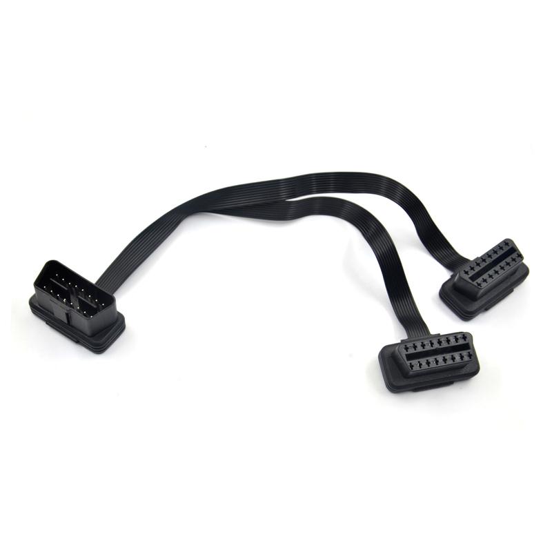 Wholesale Flat+Thin 16Pin OBD 2 Extender OBD2 16 Pin ELM327 Male To Dual Female Y Splitter Elbow OBDII Extension Connector Cable