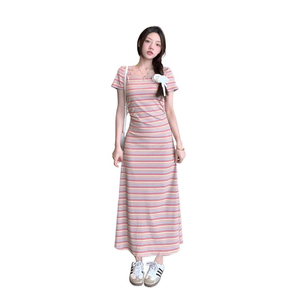 2026 Elegant Slimming French Rainbow Stripe Long Dress
