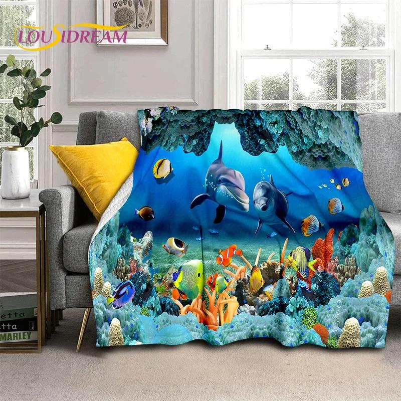 3D Illusion Underwater World Seabed Shark Dolphin Soft Flannel Blankets,Throw Blanket Comfortable Blanket for Beds Home Bedroom