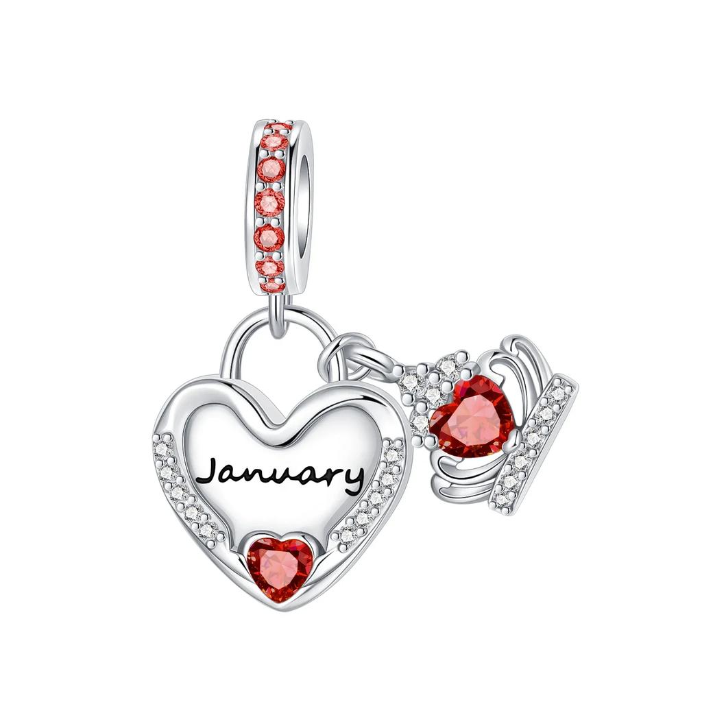 925  Silver January-December Birthday Stone Love Zircon Pendant Bead Fit Charms Necklace Bracelet Women Jewelry DIY Gift
