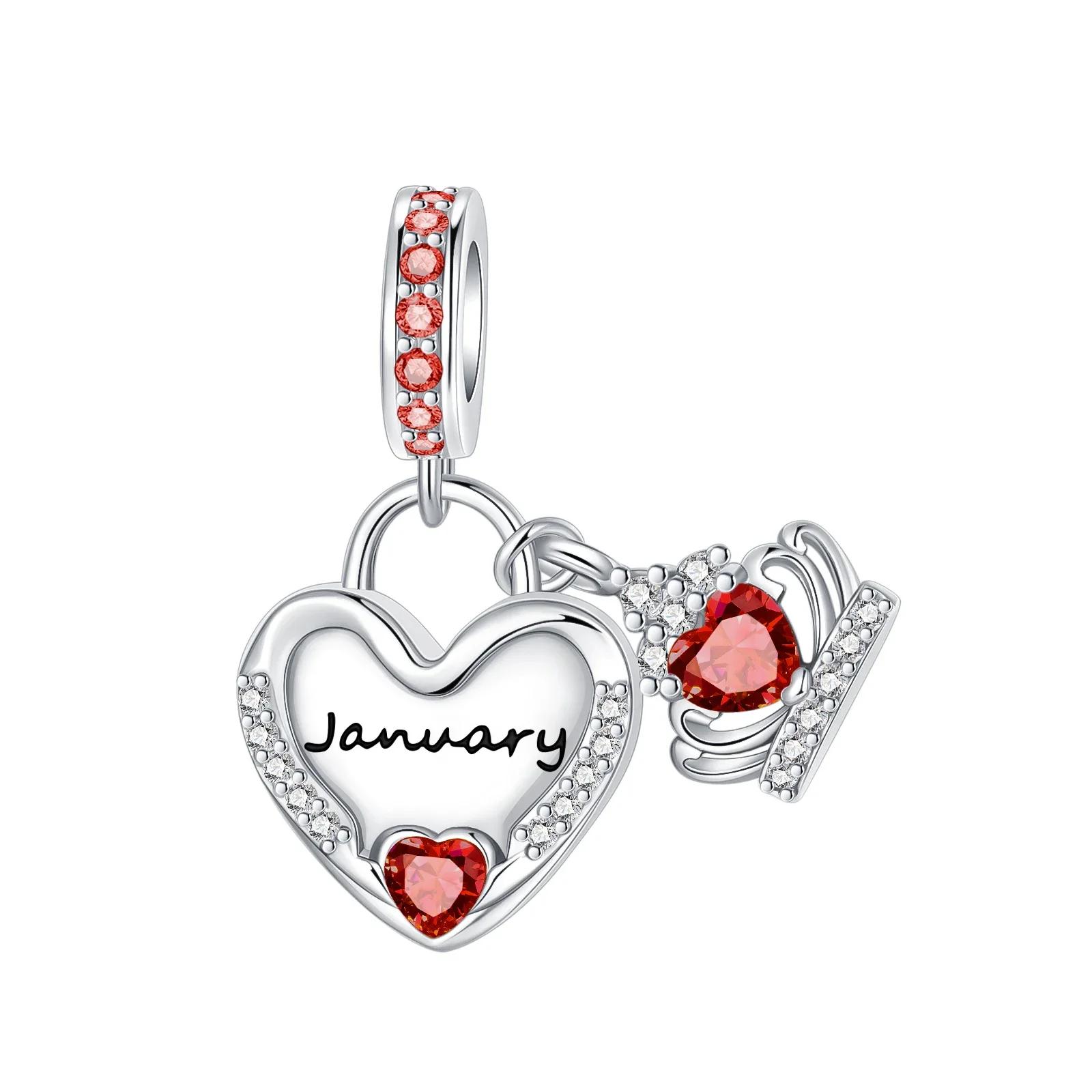 

925 Silver January-December Birthday Stone Love Zircon Pendant Bead Fit Charms Necklace Bracelet Women Jewelry DIY Gift