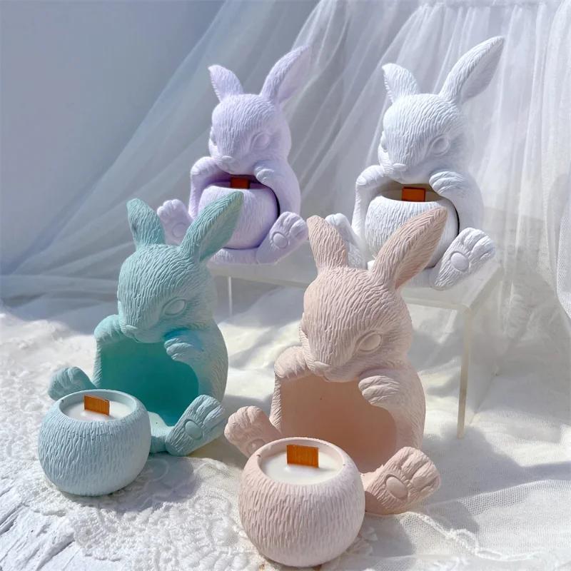 Top Quality Creative Rabbit Shape Hollow Candle Holder Silicone Mold Set for DIY Candle Crafting Durable Concrete Plaster Molds